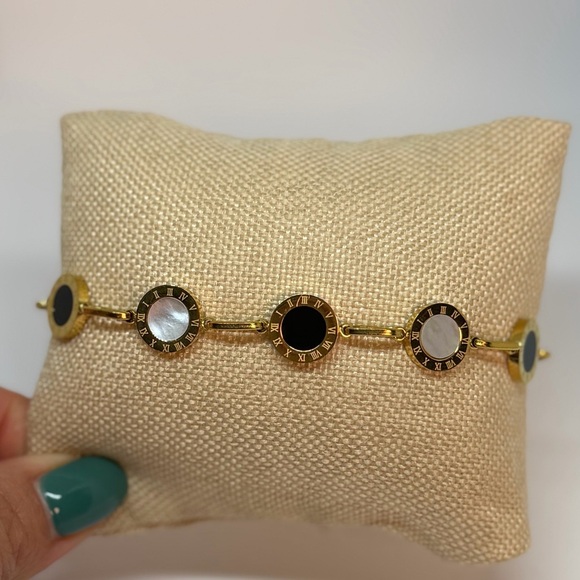 Jewelry - Gold Plated Roman Numeral Bracelet | Black & White Enamel Stainless Steel